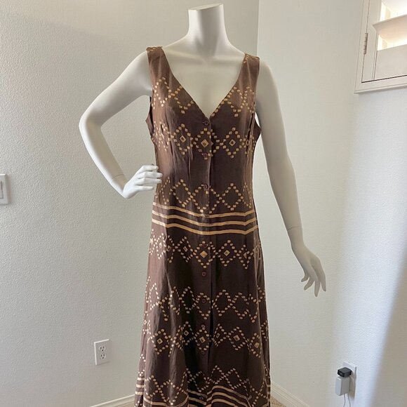 vintage 90s brown linen / 1990s dkny jeans dress / summer button up dress - Picture 1 of 7